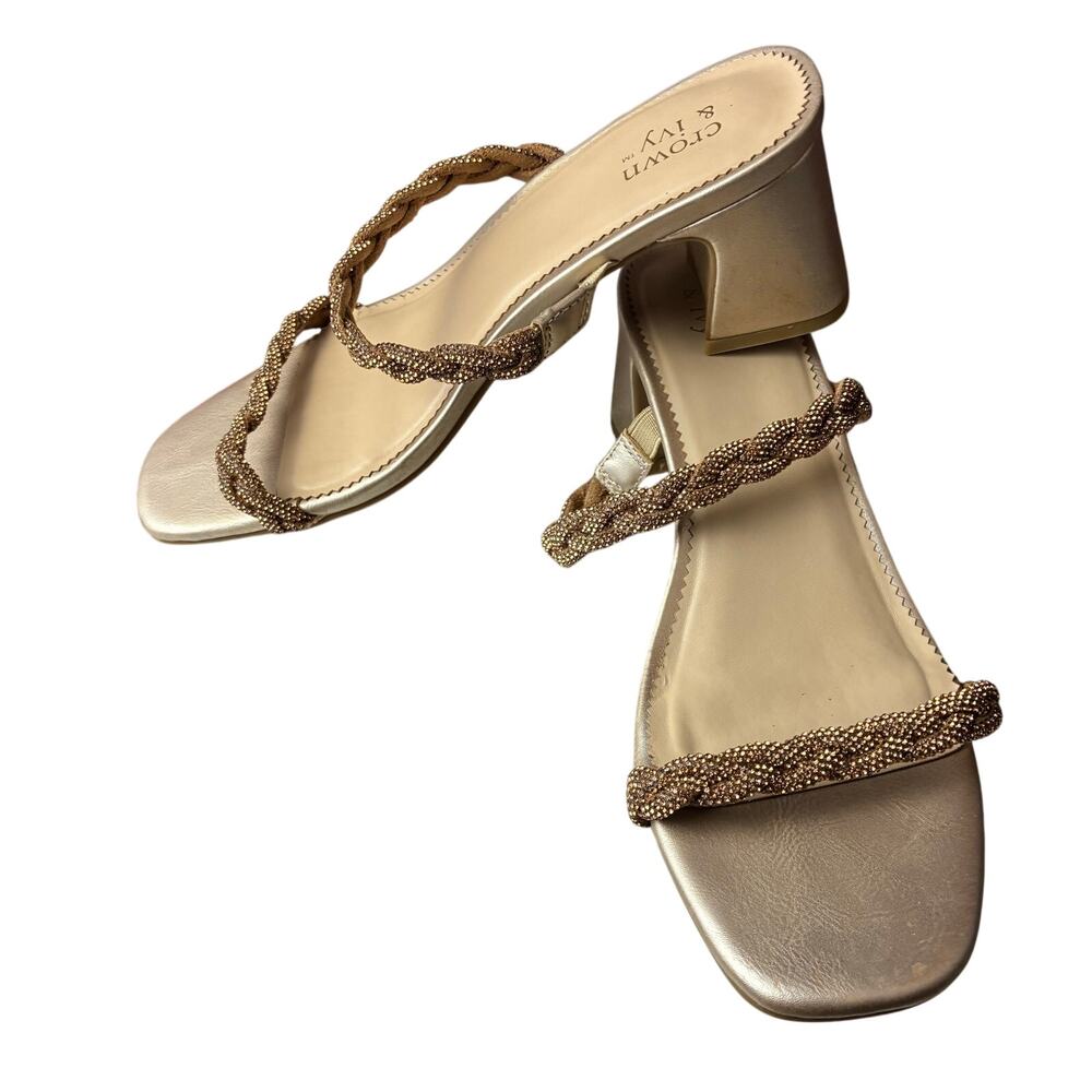 Crown & Ivy Tayven Heeled Sandals Women's 7 Braided Double Strap Champagne Jewel